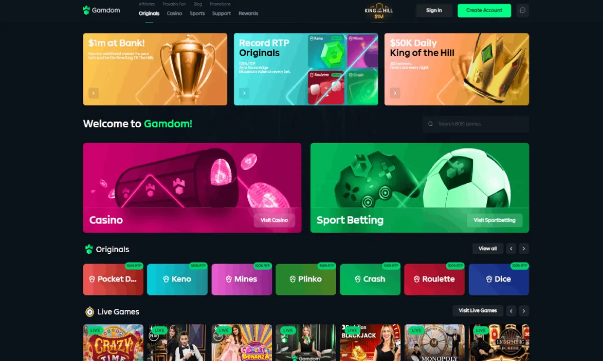 Gamdom casino floor with slots and originals